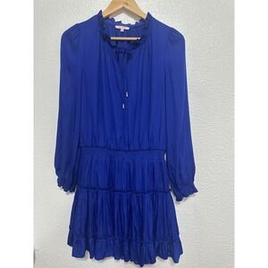 Skies Are Blue Royal Blue Smocked Tiered Ruffle Mini Dress Small Long Sleeve Tie